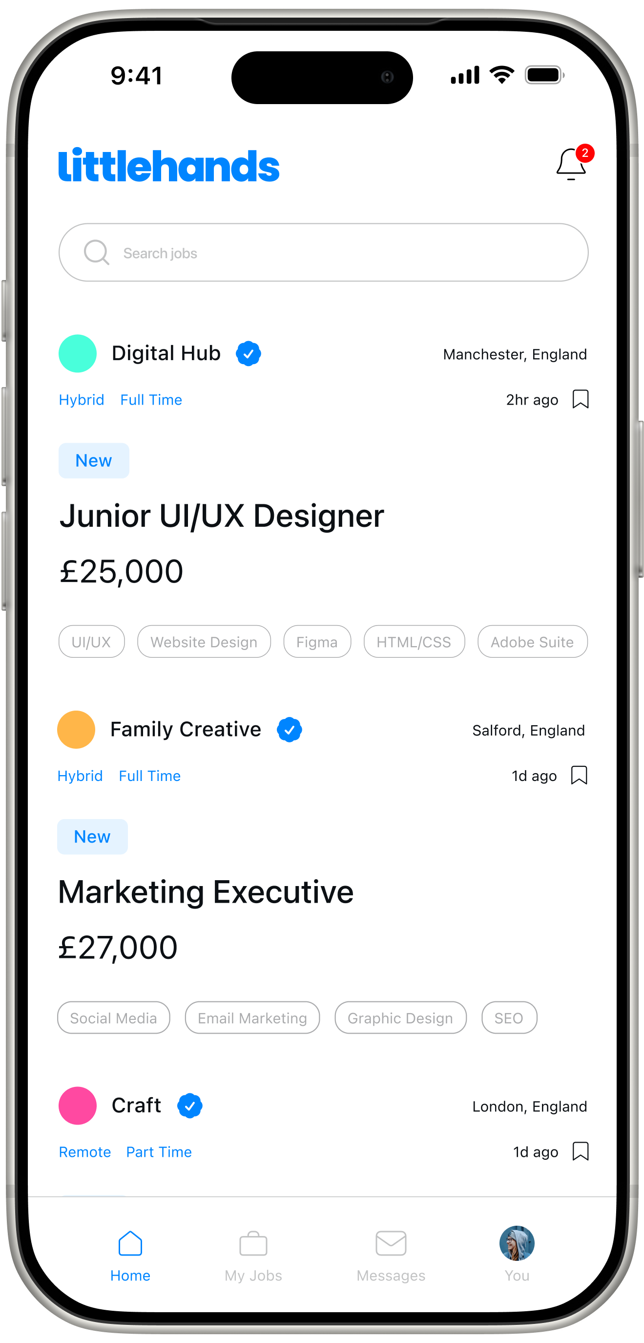 Little Hands Job Feed Screen on Mobile