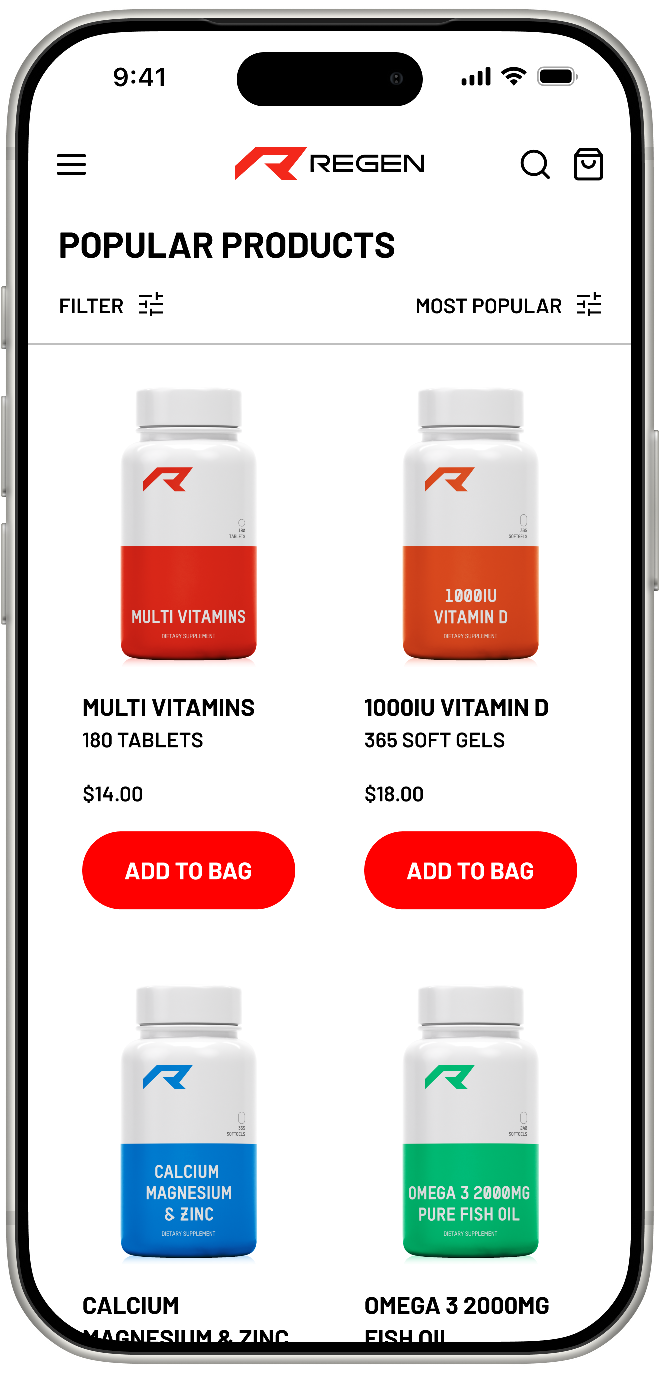 Regen Products Screen on Mobile